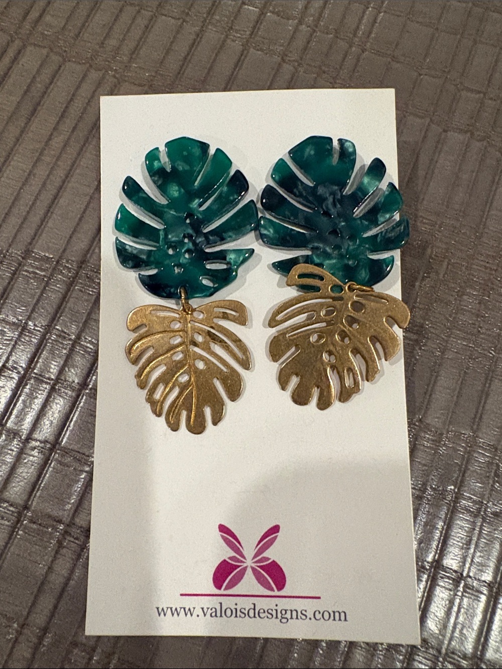 Monstera Leaf Drop Earrings in Green and Gold